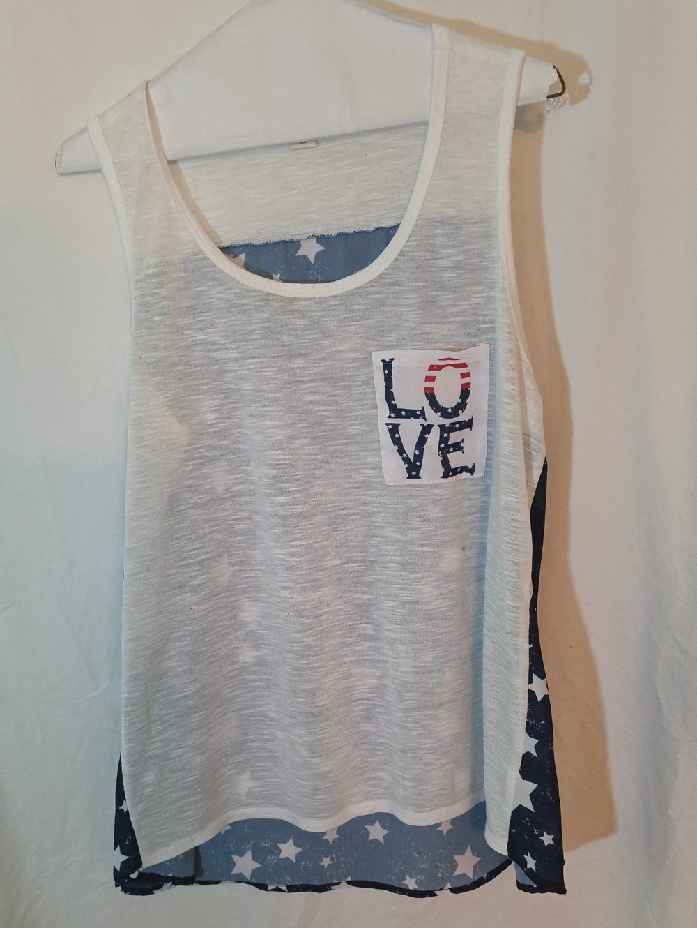 Women's White Sheer Tank Top with Star-Print Back and 'LOVE' Pocket